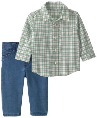 Baby Boys' Plaid Flannel Long-Sleeve Shirt and Denim Pants, 2-Piece Set