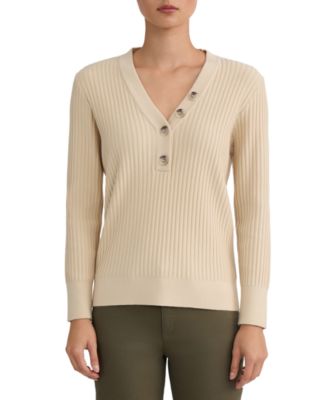 Women's Long Sleeve Ribbed Y-Neck Placket Sweater