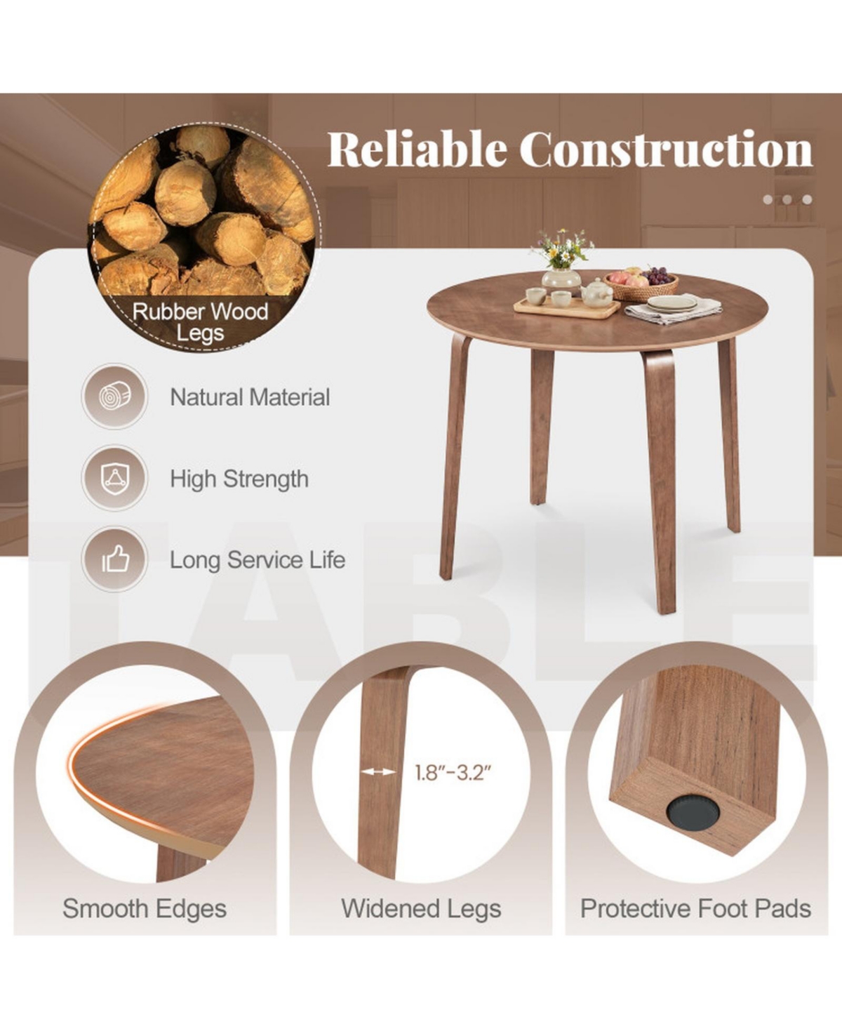 Sugift 37.5in Round Dining Table with Rubber Wood Legs for Small Spaces