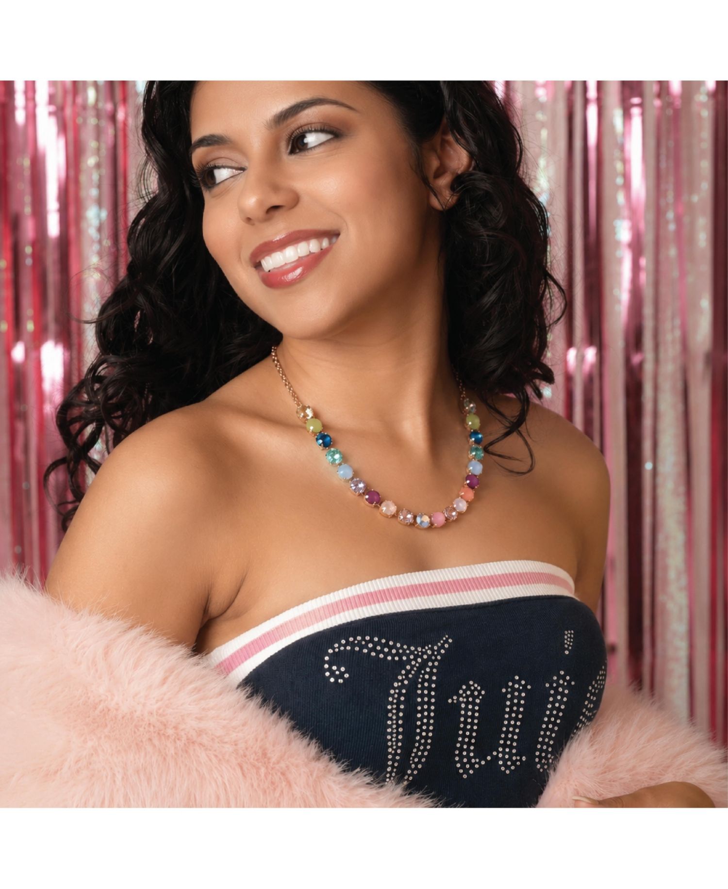 Womens Tennis Necklace with 8MM Multicolor Crystals, 16"+2" Gold Tone-Plated Tennis Jewelry