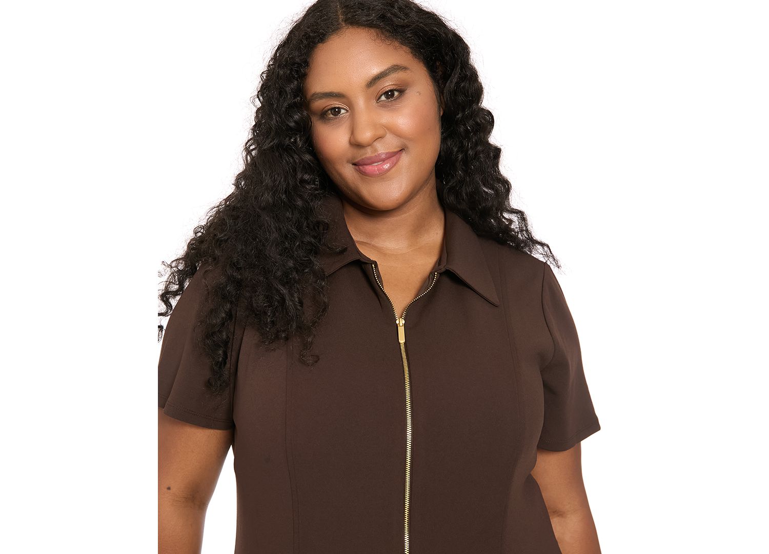 Plus Size Collared Short-Sleeve Pleated Dress