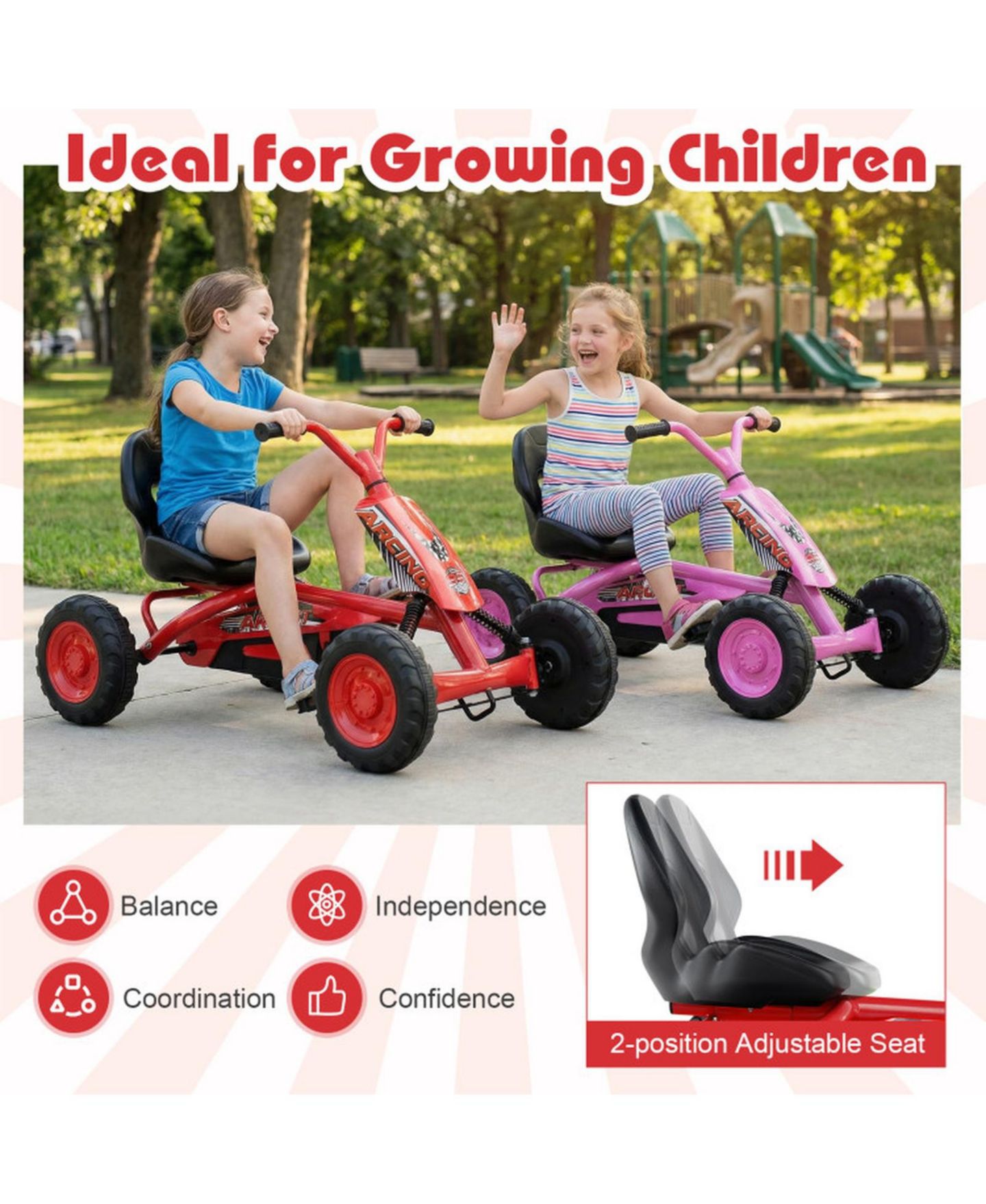 Детская игрушка SUGIFT Kids 4-Wheel Go Kart with Adjustable Seat and Steering Handlebars, Supports up to 66 lbs, Ages 3+, цвет: Красный — фото 7