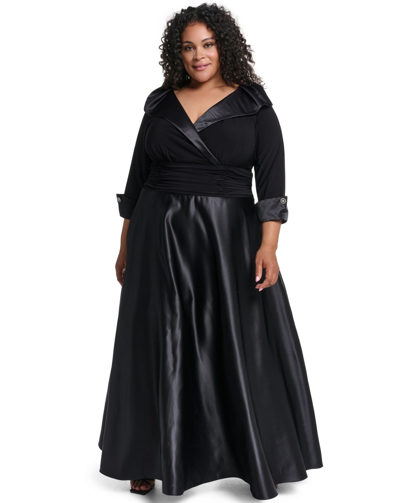Женское платье Jessica Howard Plus Size V-Neck 3/4 Rhinestone Cuff Satin, цвет: Чёрный — фото 1
