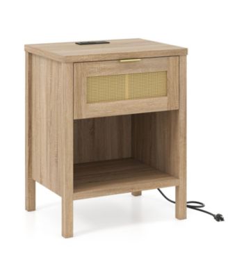 Rattan Nightstand with Charging Station Drawer and Storage Shelf for Bedroom
