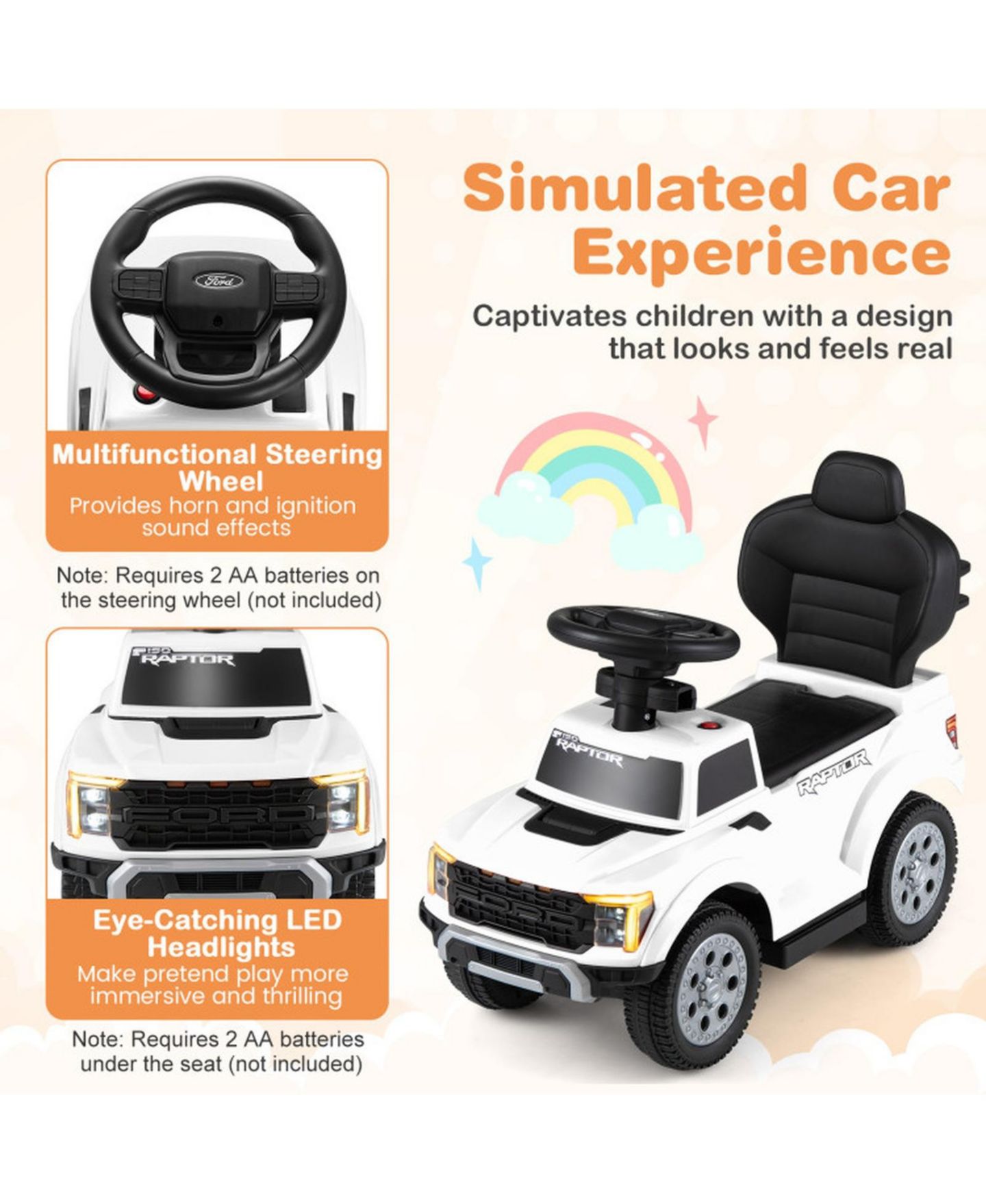 Детская игрушка HONGGE 3-in-1 Kids Ride-On Push Car with LED Lights and Under-Seat Storage, Ages 1.5-3, цвет: Белый — фото 5