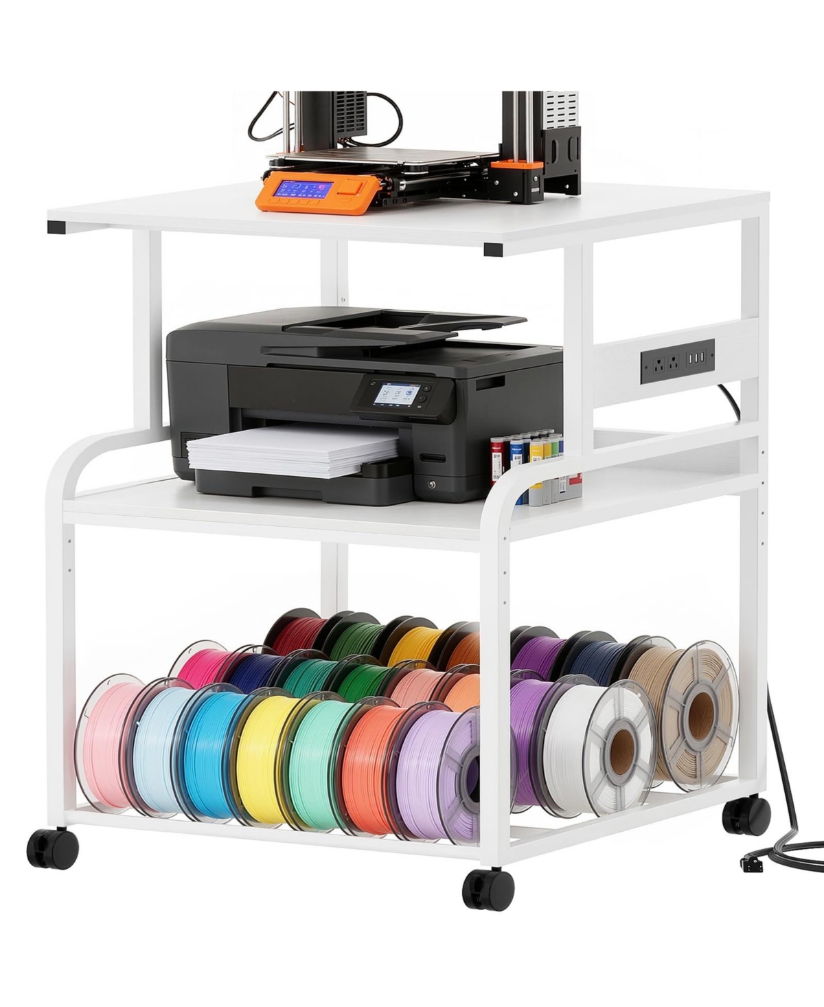 Aheaplus 3-Tier 3D Printer Stand Heavy with Filament Storage, Duty Rolling Printer Cart - White