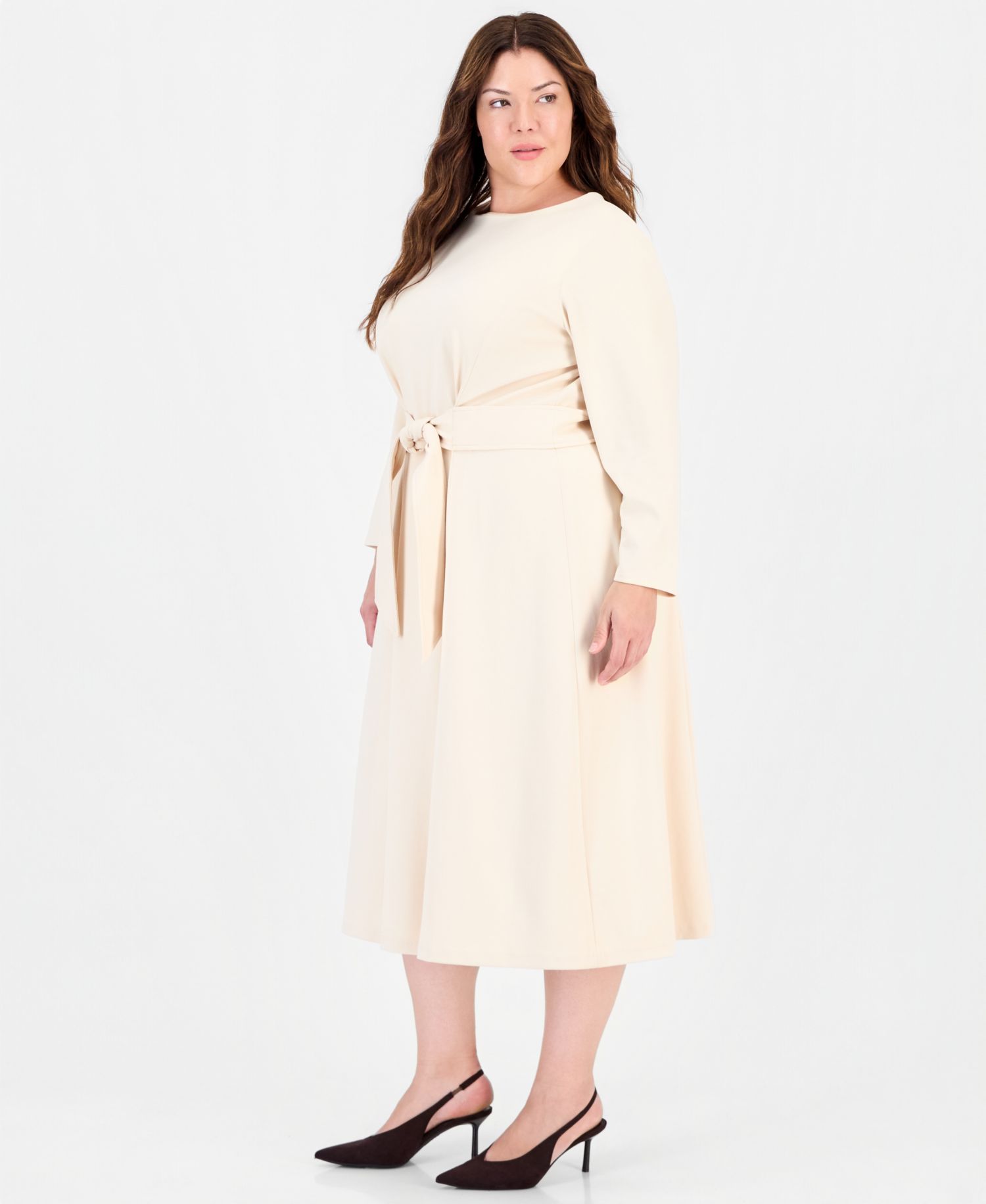 Plus Size Aline Tie Waist Midi Long-Sleeve Dress