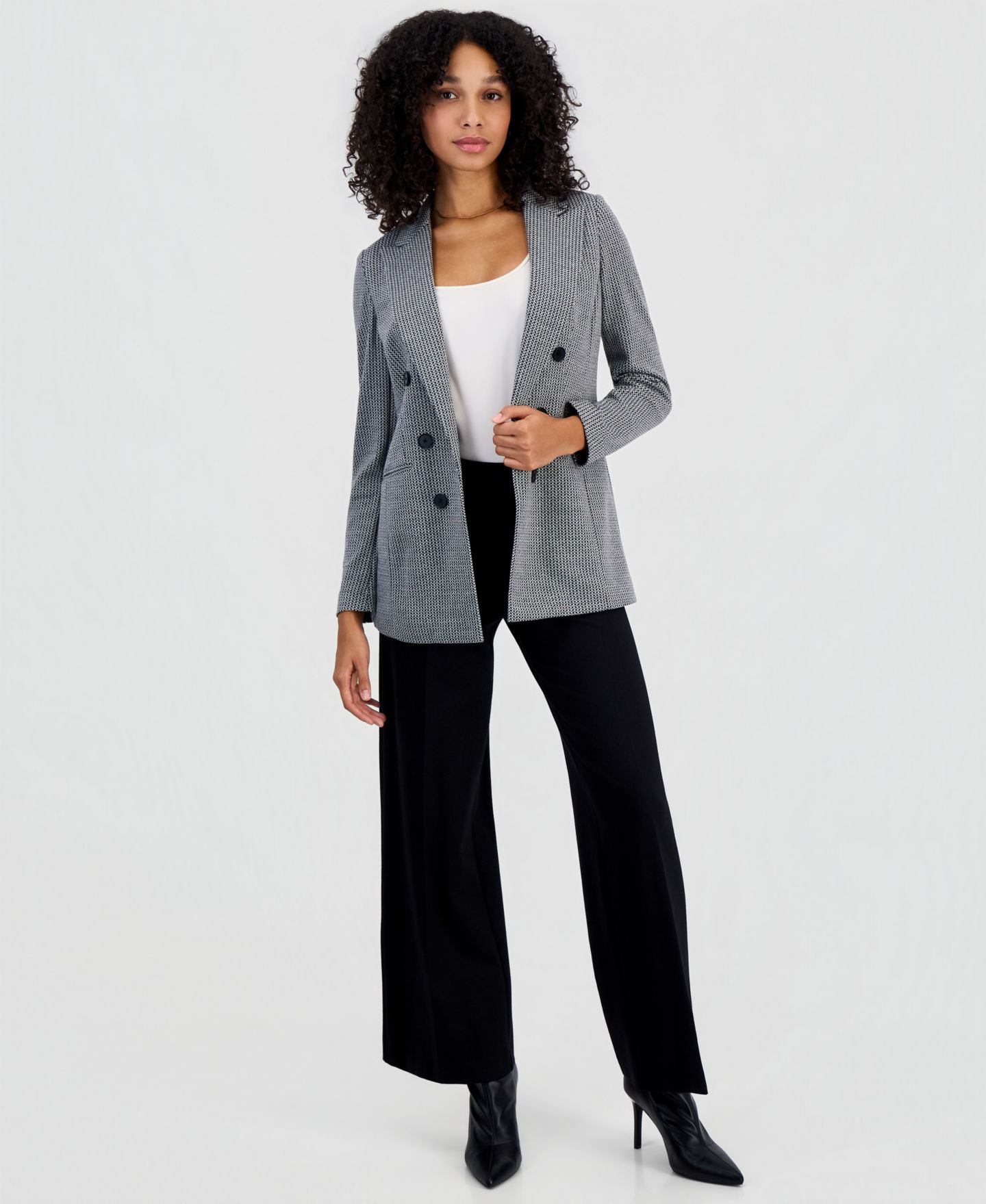 Женский пиджак Bar III Double-Breasted Open-Front Blazer, цвет: Чёрный / Белый — фото 2