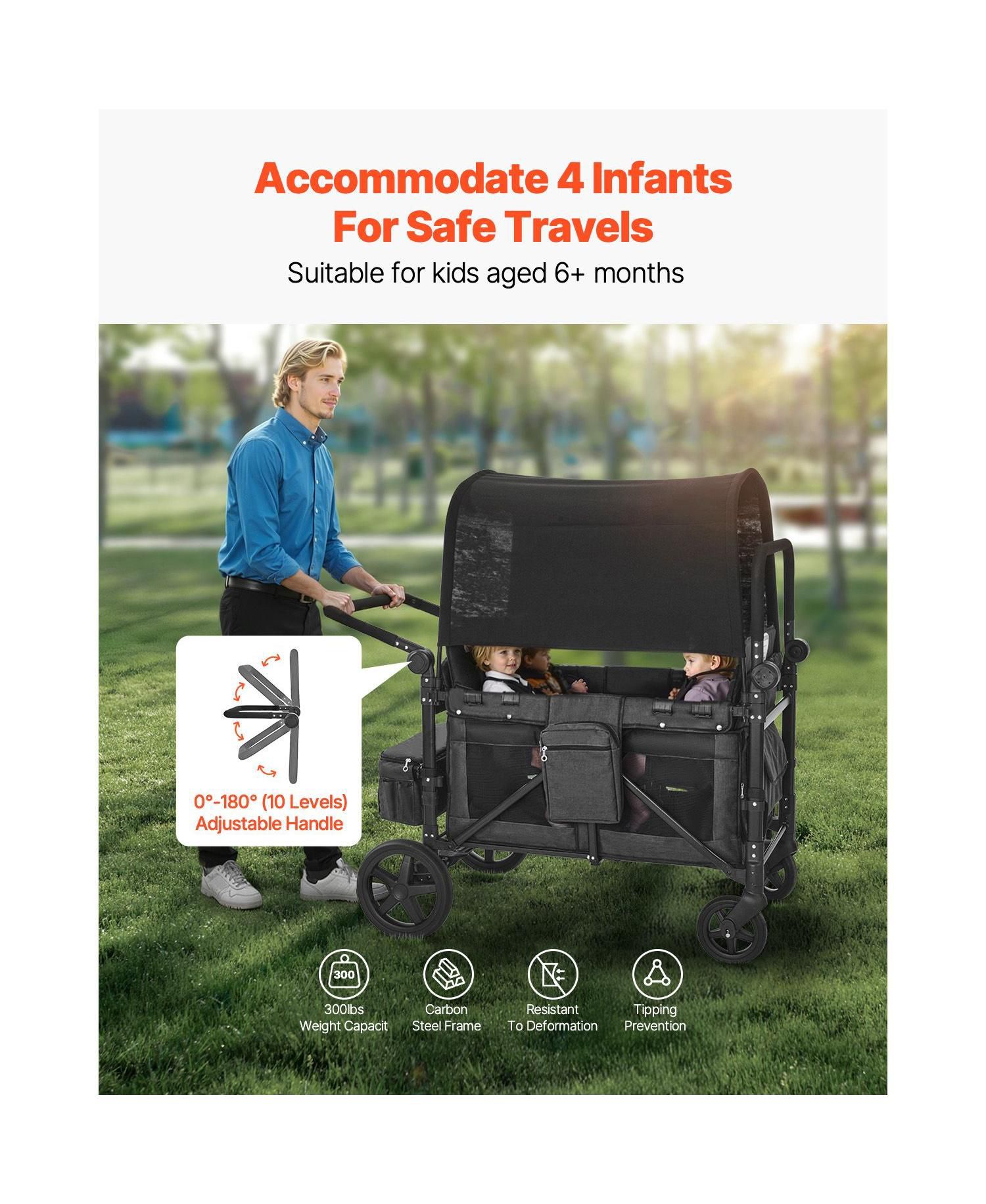 4-Kid Wagon Stroller, Collapsible Push/Pull Cart with Canopy, Safety Harnesses & Adjustable Handle, 330lb Capacity