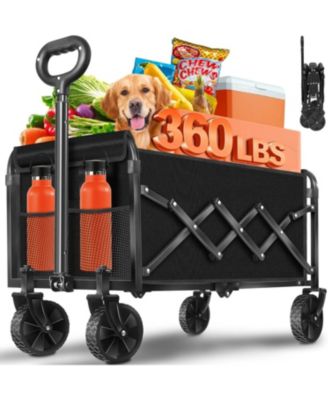 Collapsible Foldable Wagon Cart with All-Terrain Wheels, 360 LBS Load, 2 Cup Holders, Portable Black Wagon for Beach, Camp and Garden