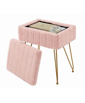 Vanity Stool with Storage – 15.7" Faux Fur Ottoman with Metal Legs and Anti-Slip Feet, Soft Padded Seat Foot Rest for Makeup Bedroom