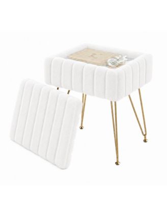 Vanity Stool with Storage – 15.7" Faux Fur Ottoman with Metal Legs and Anti-Slip Feet, Soft Padded Seat Foot Rest for Makeup Bedroom