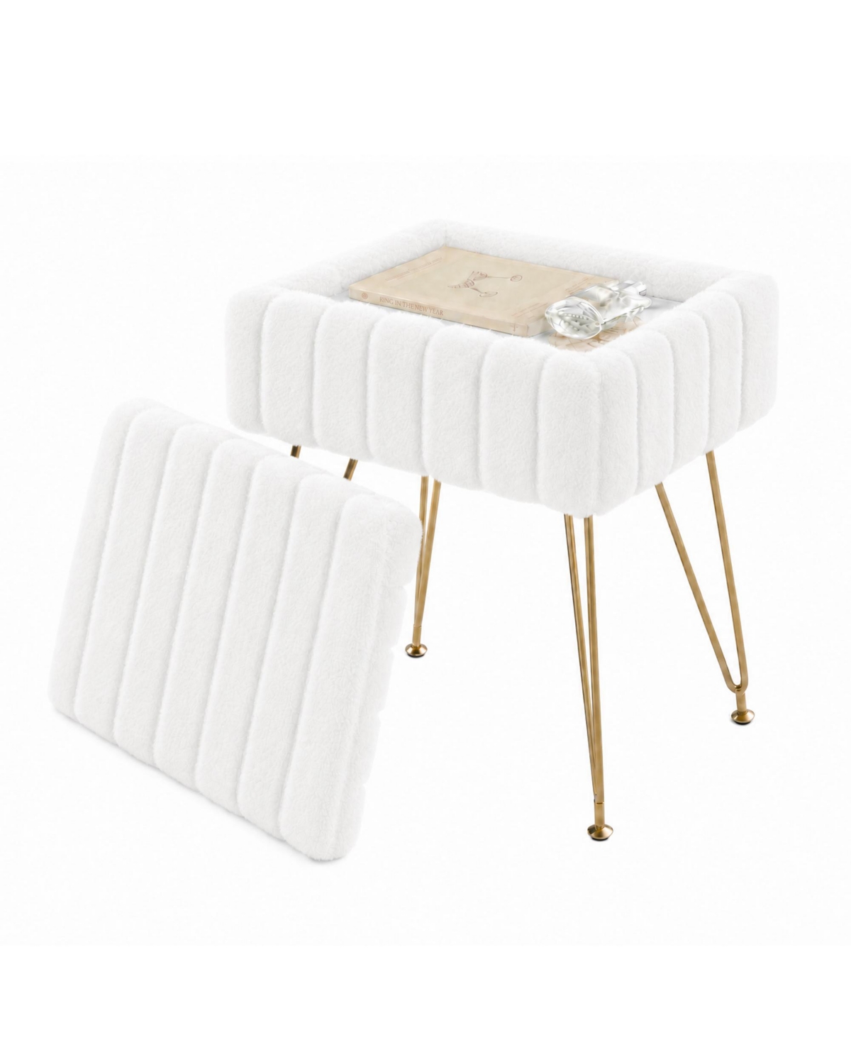 homfan Vanity Stool with Storage â 15.7" Faux Fur Ottoman with Metal Legs and Anti-Slip Feet, Soft Padded Seat Foot Rest for Makeup Bedroom - White
