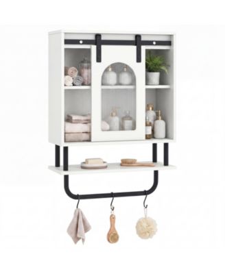 Bathroom Wall Cabinet with Sliding Barn Door Metal Hanging Bar 3 Hooks for Kitchen