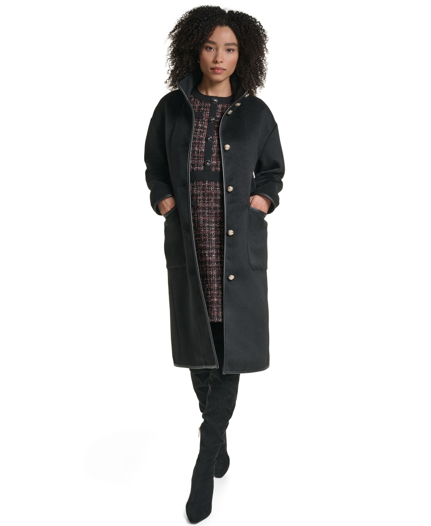 Women's Wool-Blend Faux-Leather Trimmed Funnel Neck Long Coat