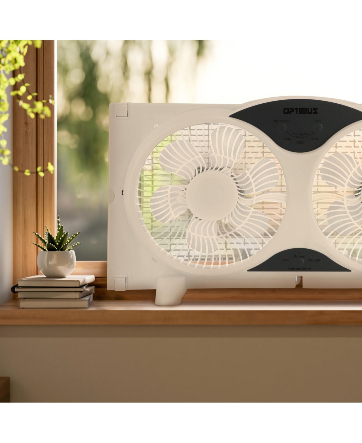 Optimus F-5286 8" Reversible Twin Window Fan with Thermostat