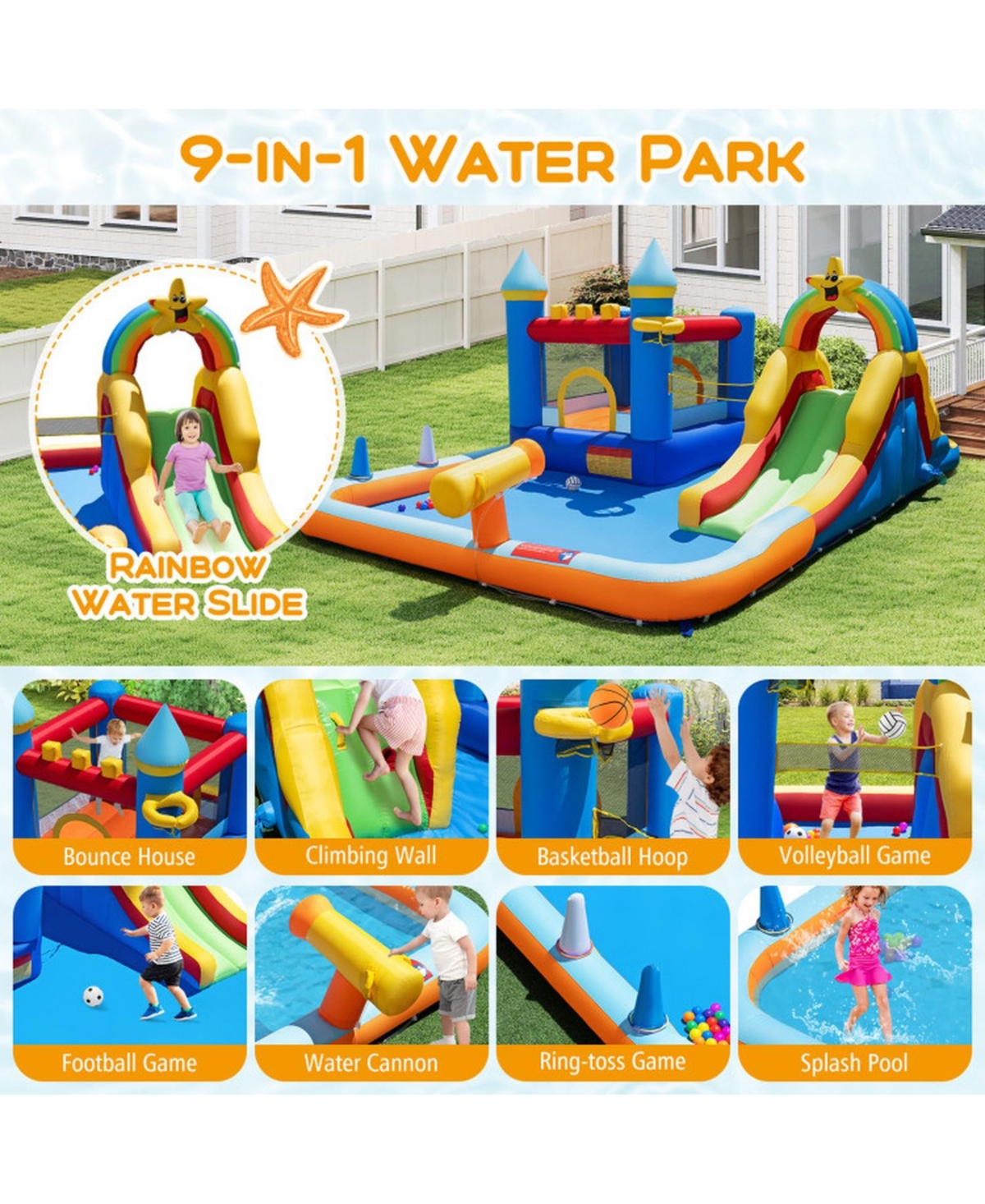 Sugift Inflatable Water Slide Park Bouncy Castle With Climbing Wall Splash Pool And Blower