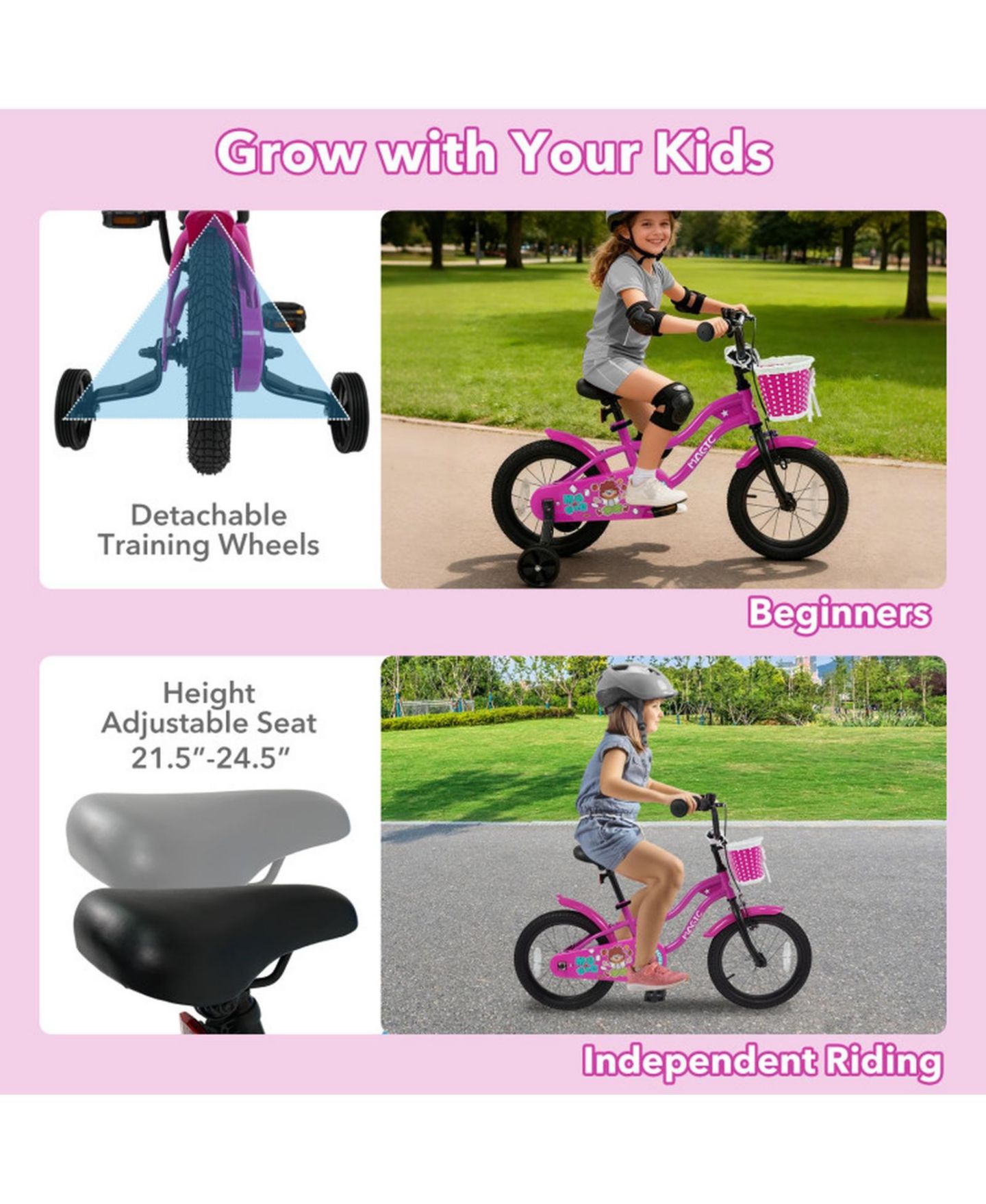 Детская игрушка SUGIFT 16 in Kids Bike with Training Wheels for Ages 4-7 Years Old, цвет: Розовый — фото 6