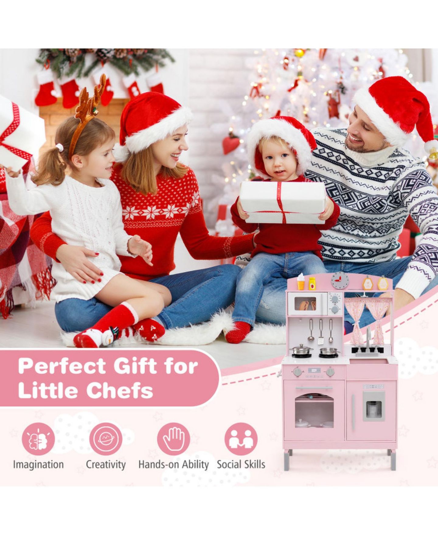 Детская игрушка SUGIFT Adjustable-Height Wooden Play Kitchen, Ages 3+, цвет: Розовый — фото 9