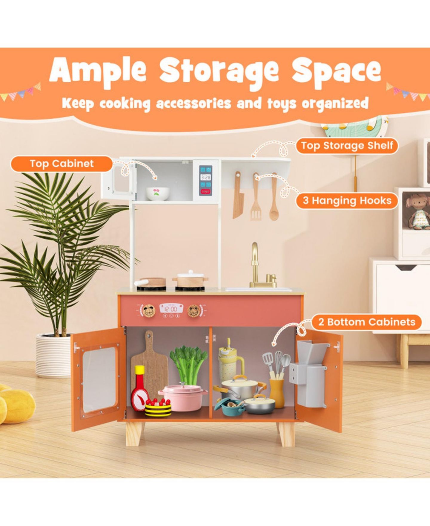 Детская игрушка SUGIFT Kids Play Kitchen with Microwave and Rotation Knobs for Girls Boys Aged 3-6, цвет: Оранжевый — фото 8