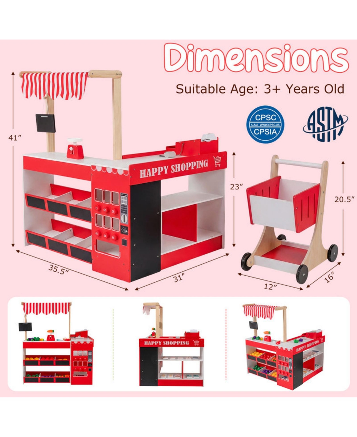 Sugift Wooden Grocery Store Interactive Playset with Shopping Cart, Ages 3+