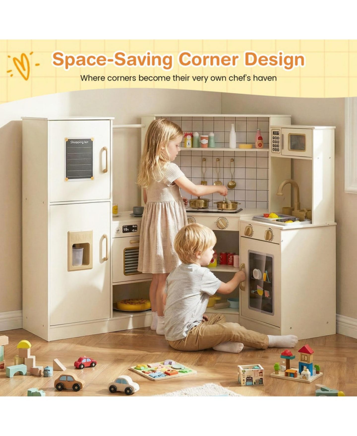 Детская игрушка SUGIFT Corner Play Kitchen with Interactive Lights and Sounds, Ages 3+, цвет: Бежевый / Хаки — фото 10