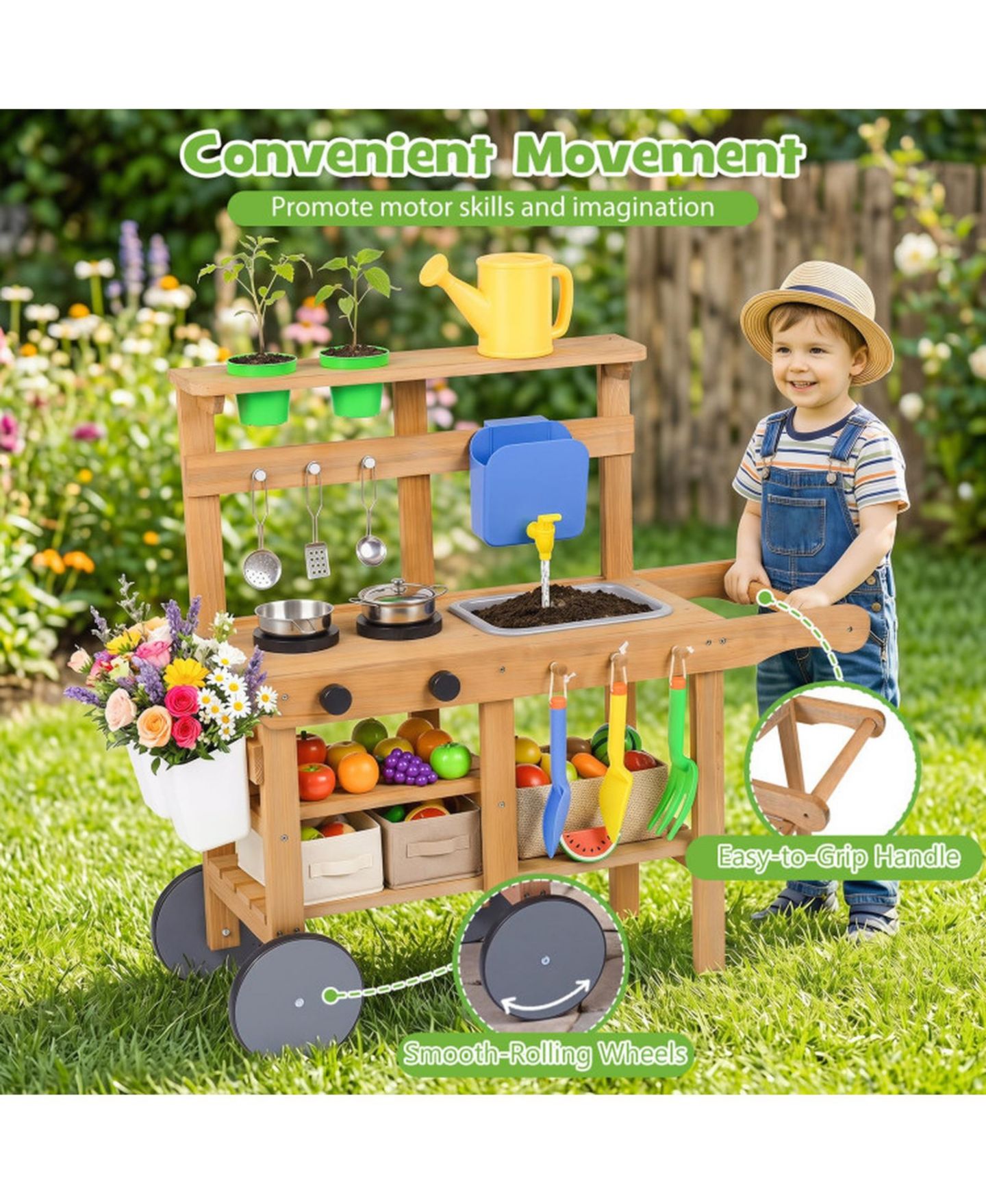 Детские игрушки SUGIFT Water Tank & Sink 15-Piece Mud Kitchen, Ages 3+, цвет: Натуральный — фото 9