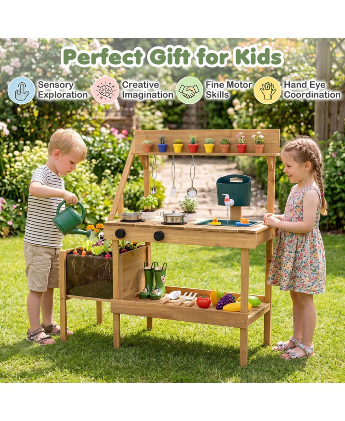 Детская игрушка SUGIFT Wooden Raised Planter Box Mud Play Kitchen with 2 Flowerpots, Ages 3+, цвет: Натуральный — фото 7