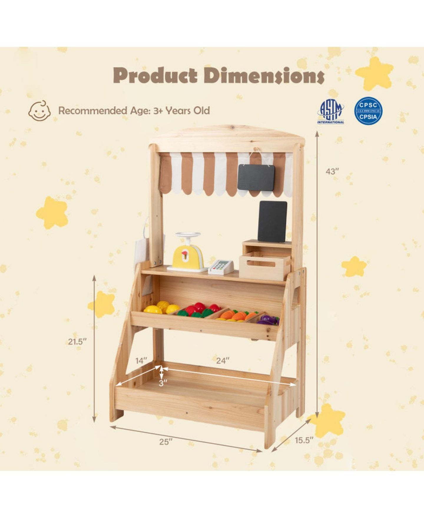 Детский игровой набор SUGIFT 2-in-1 Wooden Mud Kitchen and Market Stand 25-Piece Playset, Ages 3+, цвет: Натуральный — фото 3