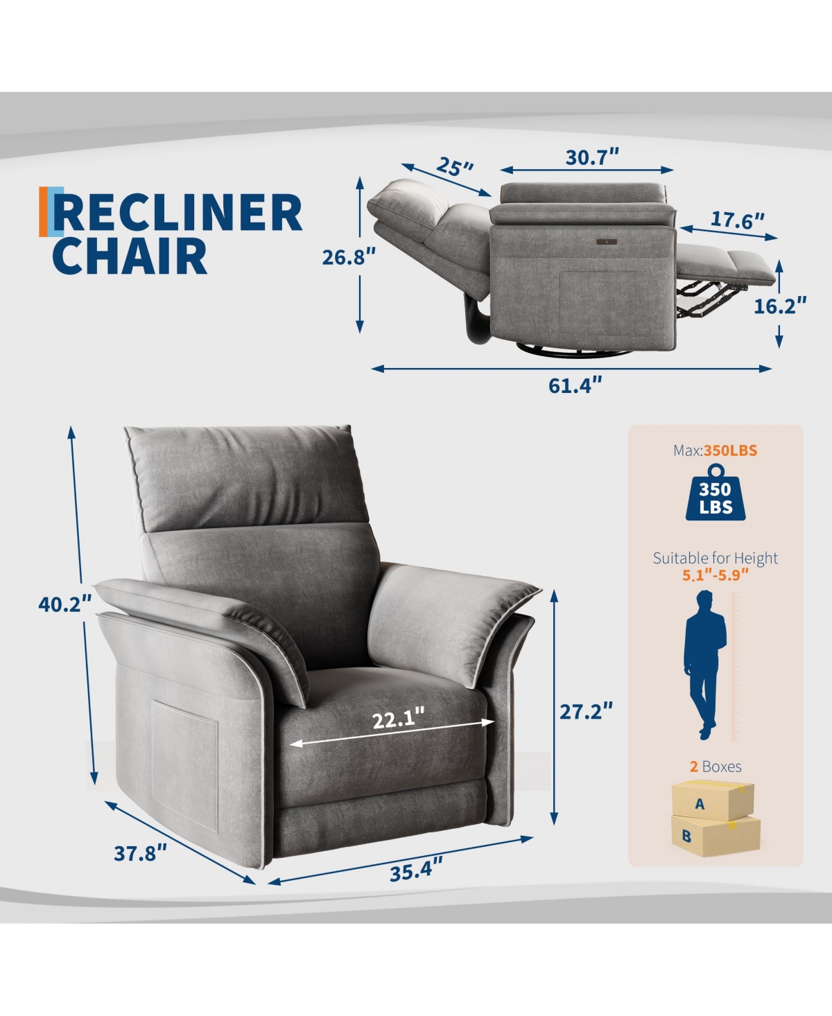 homfan Recliner Chair, 360degree(s) Swivel Rocker Glider Nursery Chair with Padded Armrest and Deep Seat