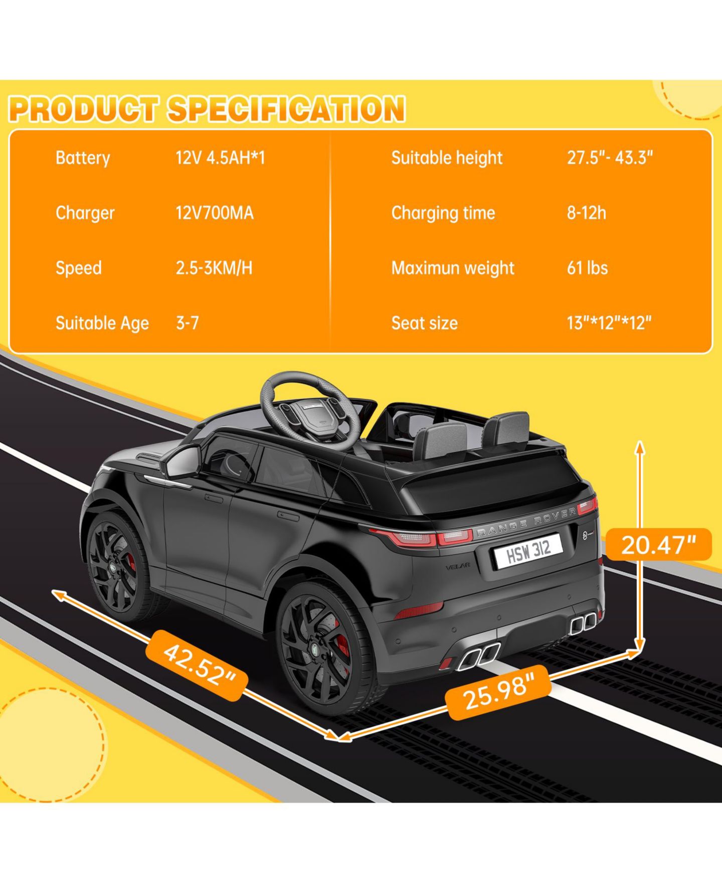Детская игрушка homfan 12V Licensed Land Rover Remote-Control Ride-On Car with LED Lights, Two-Seater, Ages 3+, цвет: Чёрный — фото 2