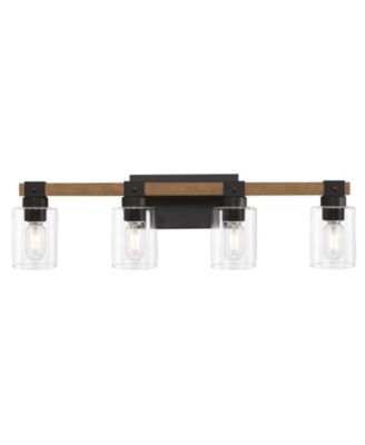 4 Light Farmhouse Vanity Light Antique Wood Bathroom Wall Light with Clear Glass Shades for Mirror Bedroom Hallway No Bulbs