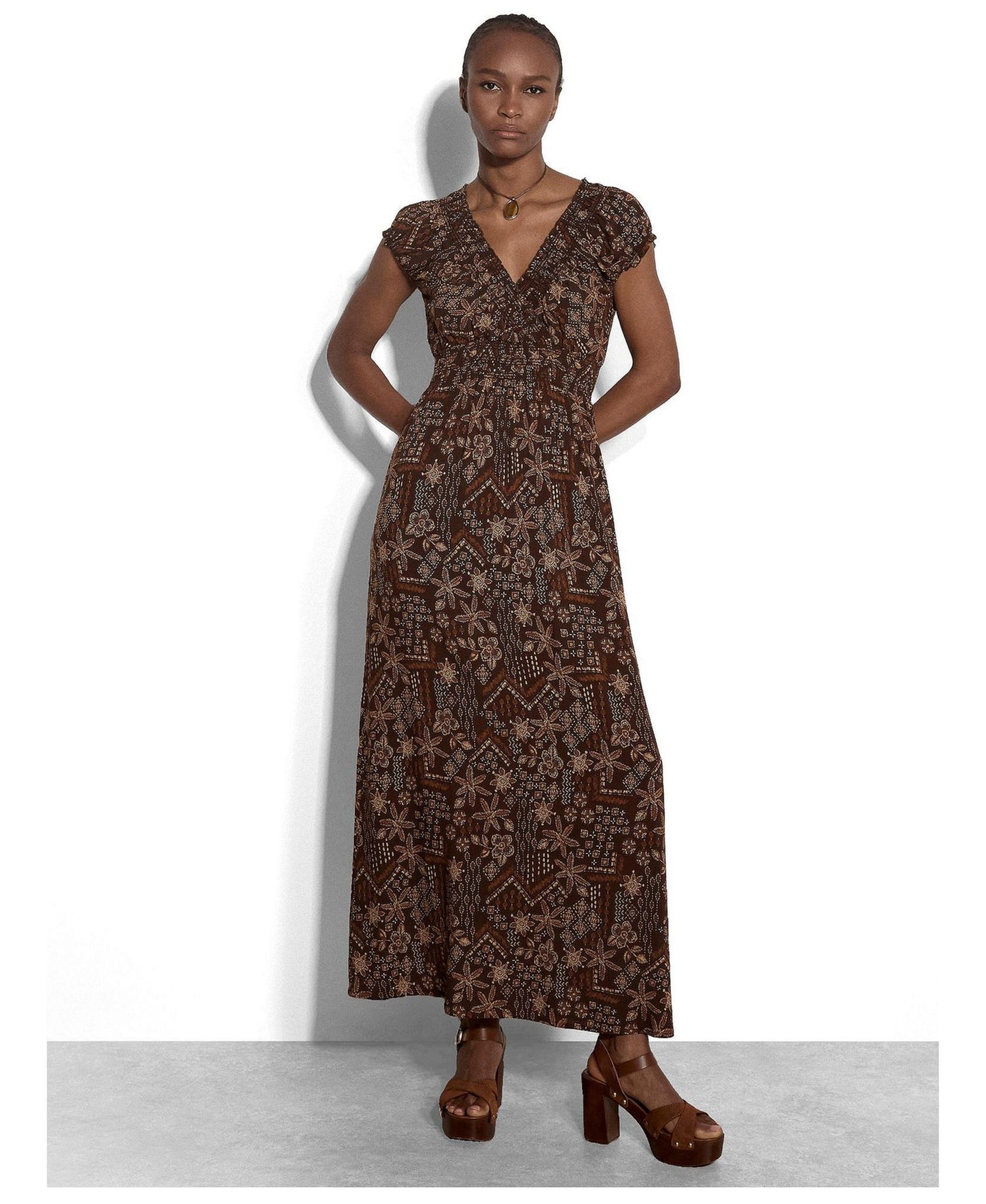Women's Batik Star Flower V-Neck Cap-Sleeve Boho Maxi Dress