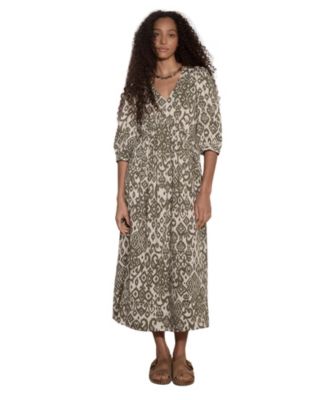Women's Tapestry Ikat Midi V-Neck 3/4 Sleeve Dress