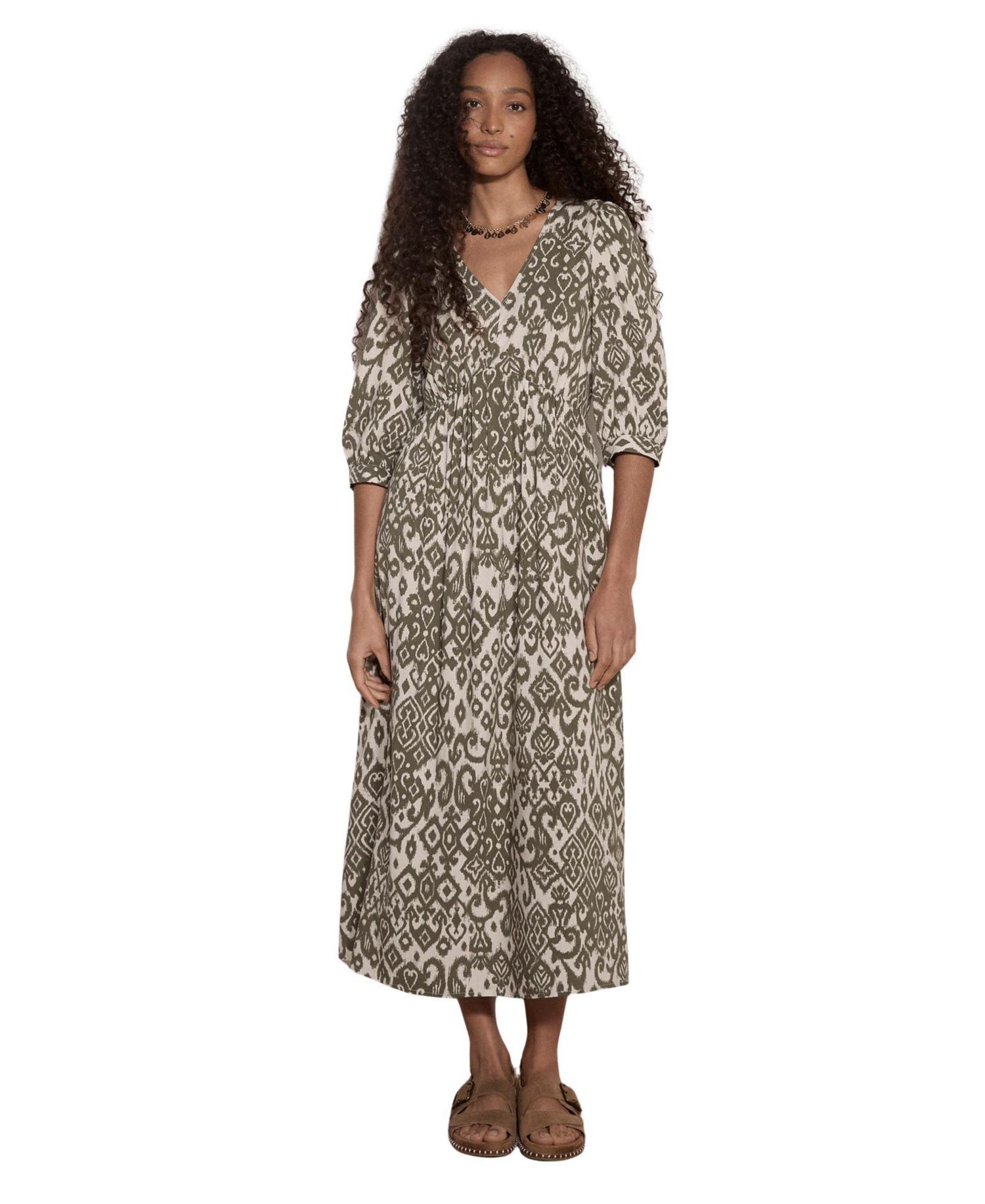 Women's Tapestry Ikat Midi V-Neck 3/4 Sleeve Dress