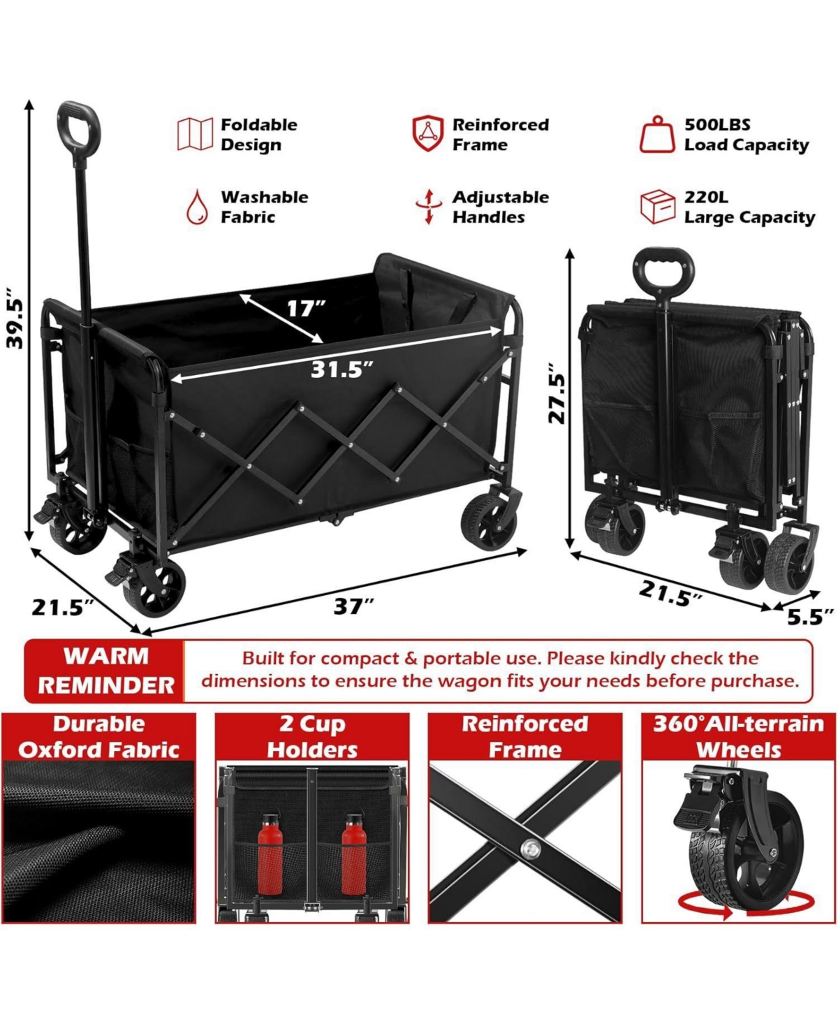 Mountaintop Collapsible Wagons Carts Foldable Wagon, All-Terrain Wheels, 2 Cup Holders, Lightweight Black Cart for Beach, Camp, Sports, Garden