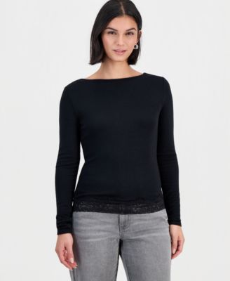 Women's Long-Sleeve Boat-Neck Lace-Trim T-Shirt