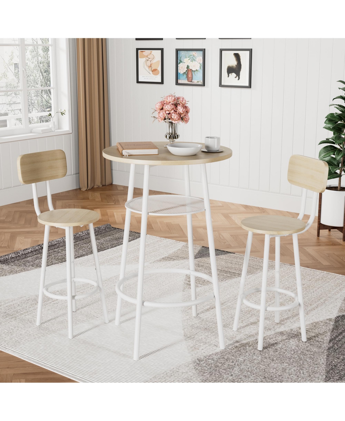 Flynama 3-Piece Foldable Bar Table Set with 2 Stools, Backrest and Partition, Steel Frame for Urban Apartments