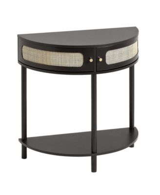 Half Circle Console Table with Rattan Door, 2 Drawers, Accent Storage Table for Entryway