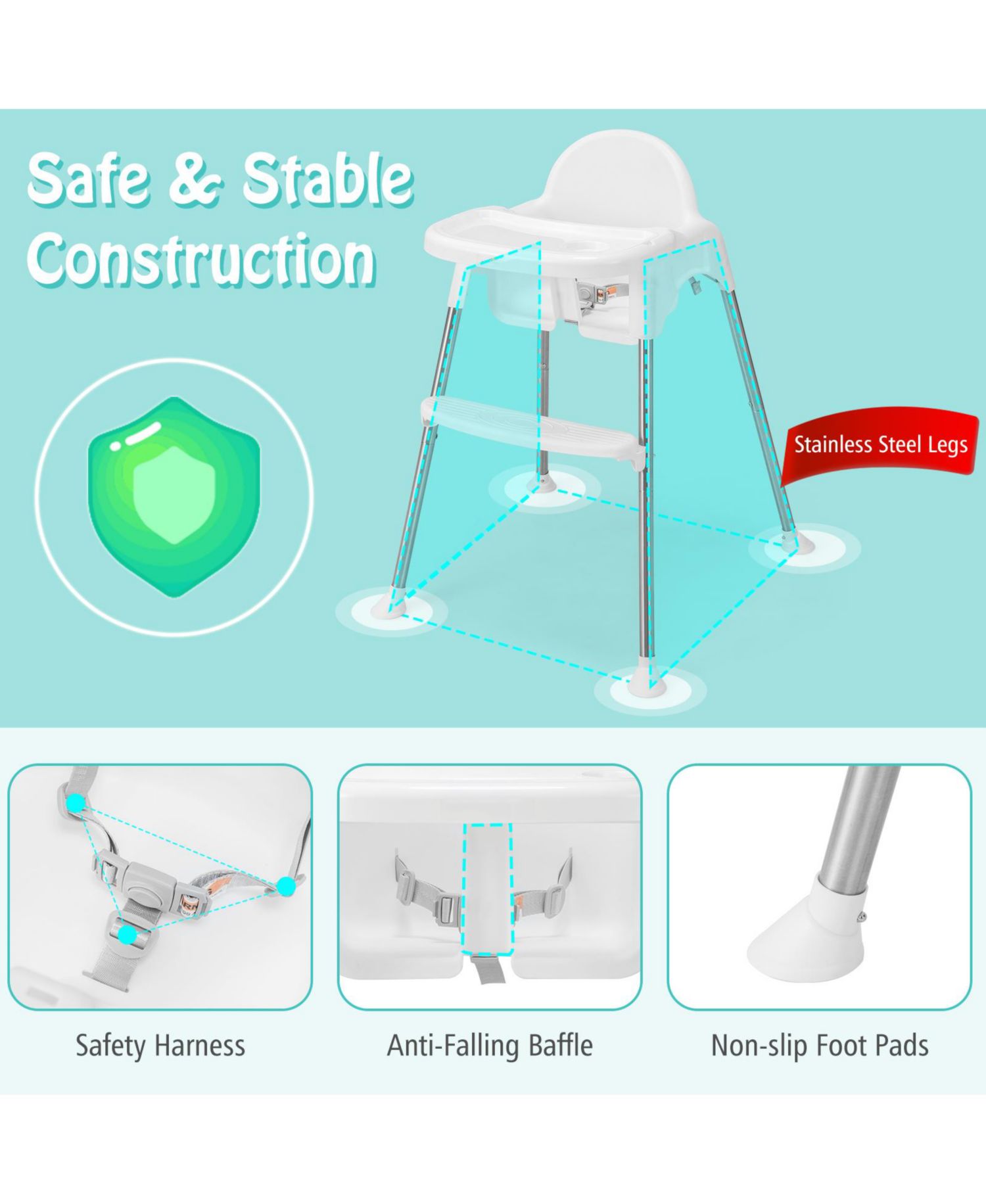 Multi-Stage Baby High Chair with Removable Double Tray for Infants and Toddlers