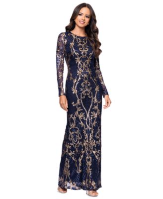 Betsy & Adam Plus Size Sequined Long-Sleeve Sheath Gown