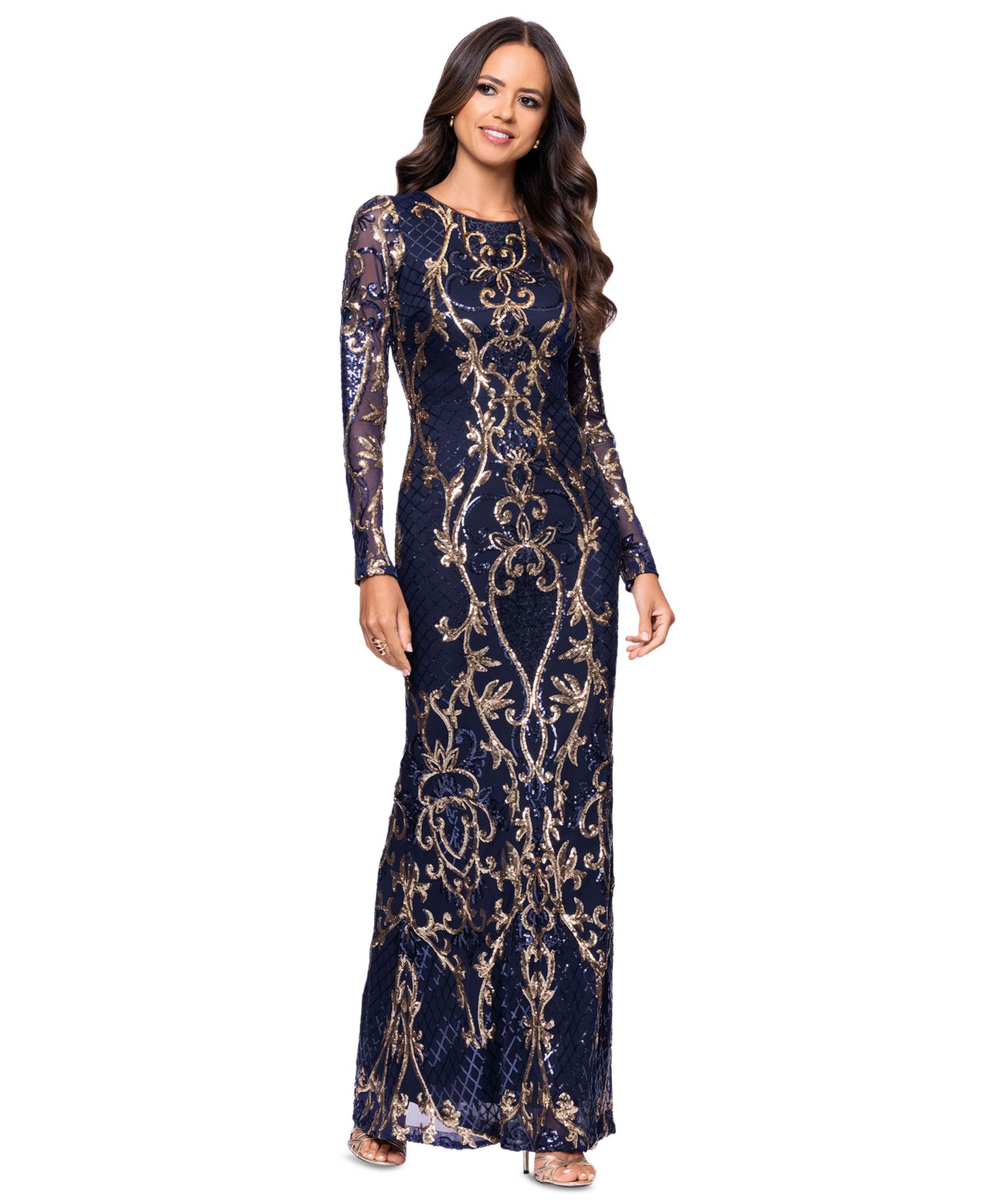 Betsy & Adam Plus Size Sequined Long-Sleeve Sheath Gown