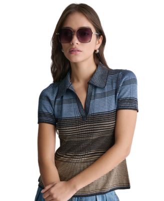 Women's Short-Sleeve Striped Fine Gauge Polo Sweater