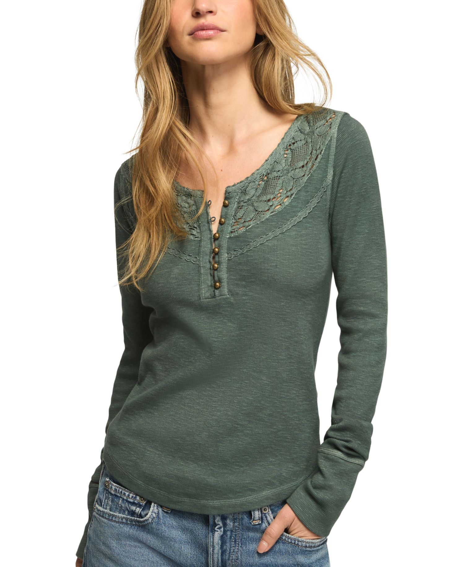 Women's Lace Yoke Long-Sleeve Henley