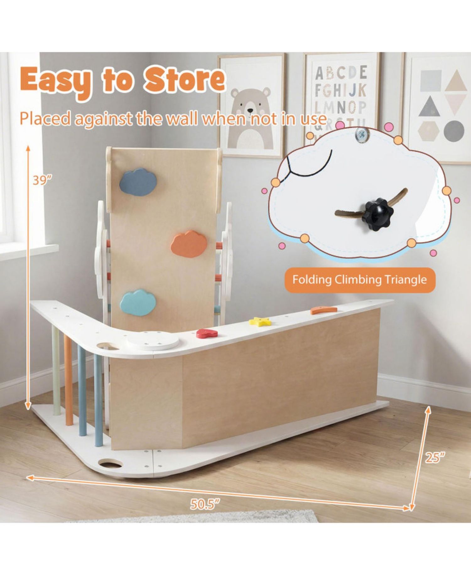Ages 3+ Montessori Foldable 3-Piece Climbing Triangle, Slide, and Balance Bridge Set
