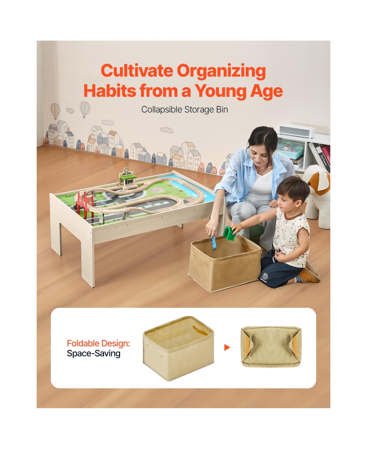 Hongge 84-Piece Reversible Tabletop Wooden Train Table with Collapsible Storage Bin