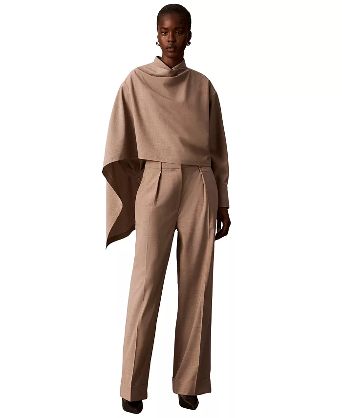 Women's Long-Sleeve Point-Collar Scarf-Draped Front Blouse