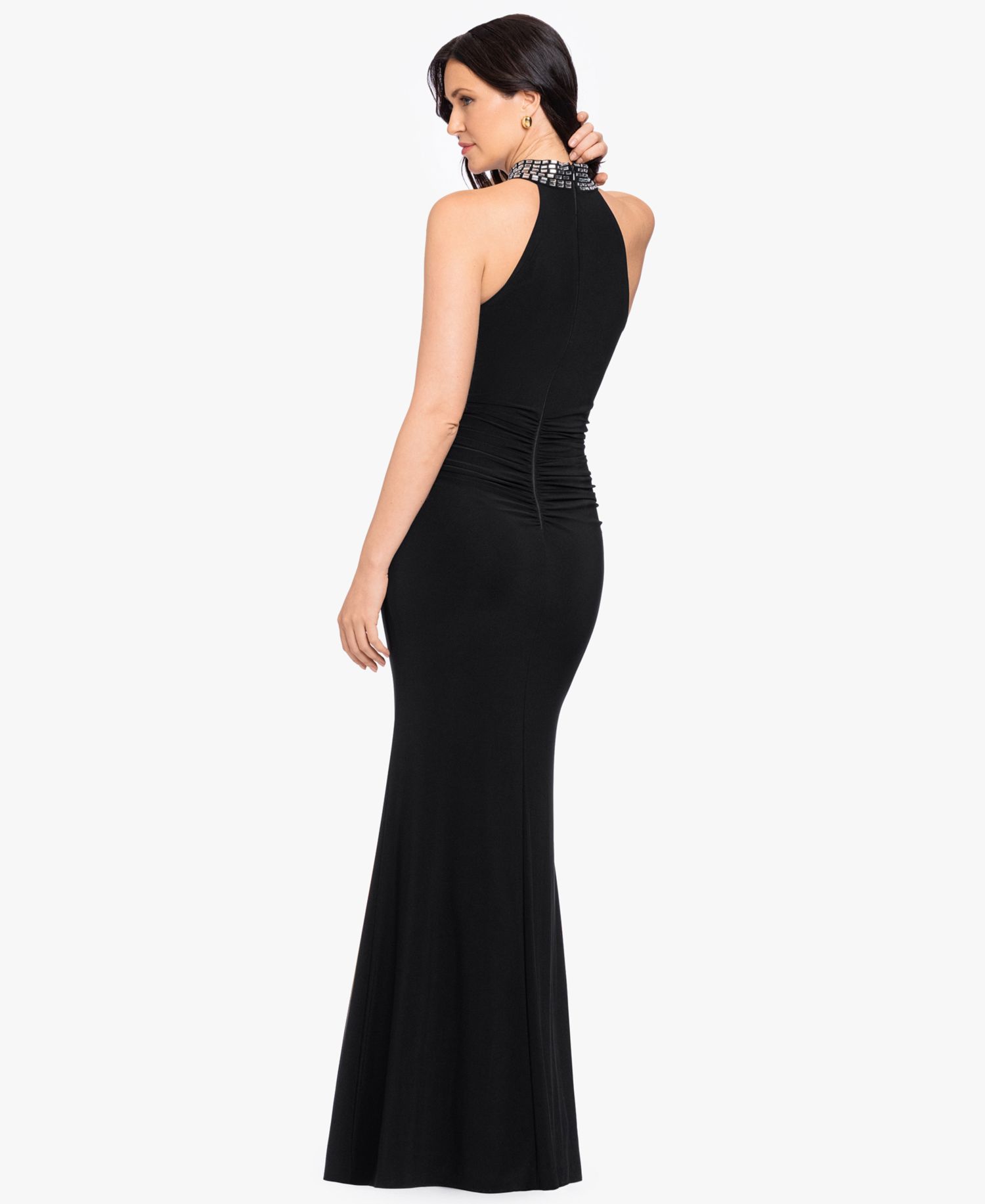 Petite Beaded Mock Neck Sleeveless Gown