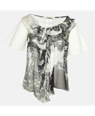 Chloe Women's Short-Sleeve Monochrome-Print Chiffon and Canvas Paneled Blouse