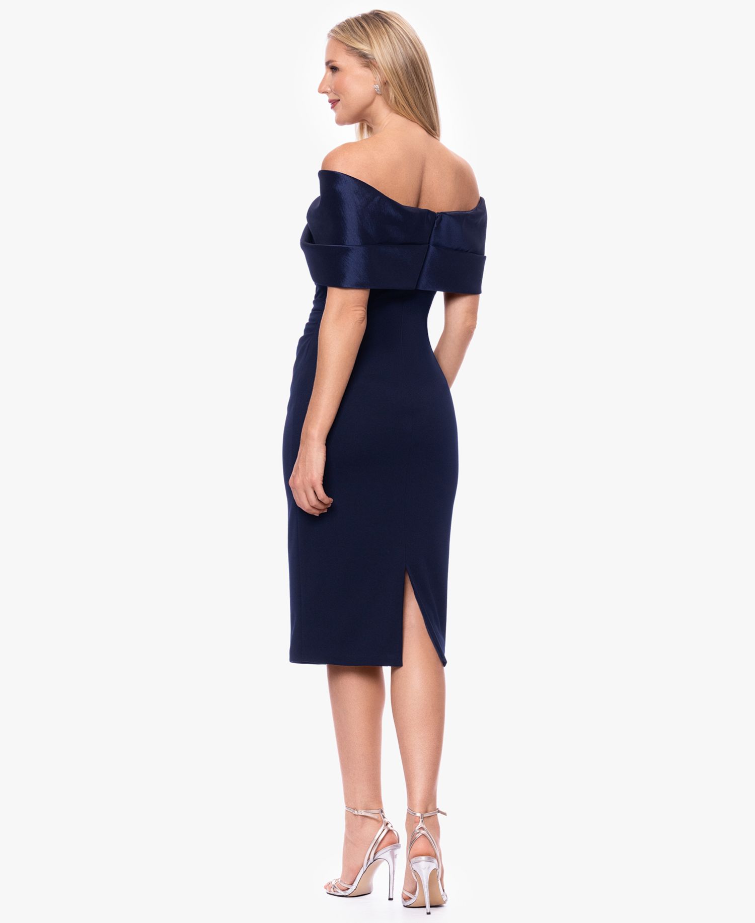 Plus Size Off-the-Shoulder Midi Sheath Satin Dress